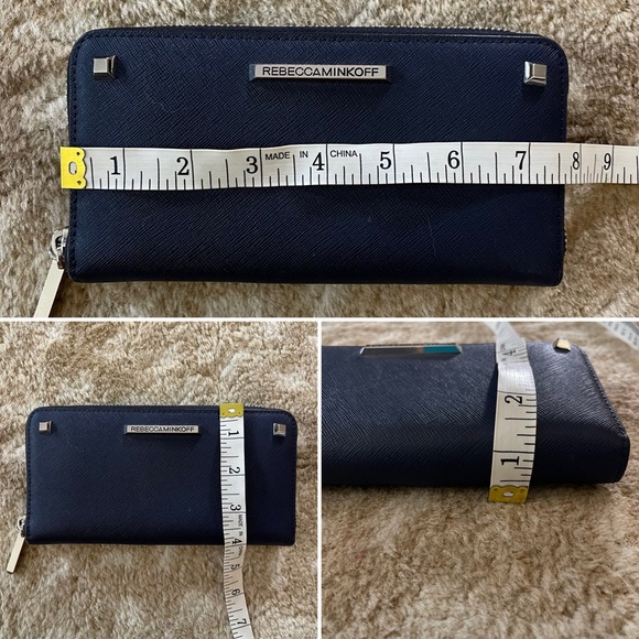Rebecca Minkoff Large Studded Serafino Leather Zip Around Wallet Navy Blue - Picture 7 of 11
